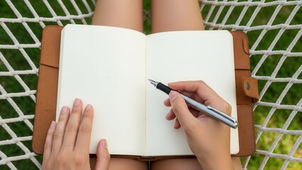 Woman relaxing in hammock with open journal, pen poised to write, surrounded by lush green grass, top-down view in bright natural light