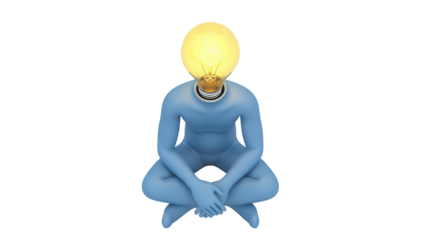 Blue man with light bulb head sitting isolated PNG, creative idea concept for innovation and problem solving on transparent background