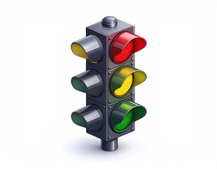 Isometric view of a traffic light, showing red, yellow, and green illumination
