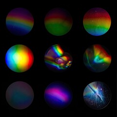 Nine orbs showcasing vibrant, refracted light and spectrums on black