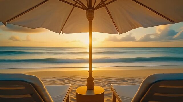 Peaceful seaside getaway at golden hour, two matching beach chairs under a white parasol