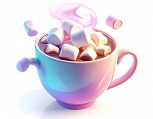 A pink mug of hot cocoa overflowing with floating marshmallows