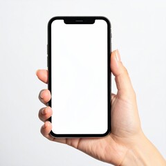 Hand holding a modern, black-framed smartphone with a blank white screen