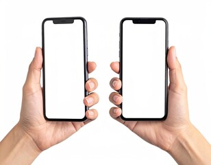 Two hands each holding a smartphone with a blank white screen