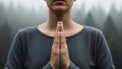 Woman doing breathing exercises with hands in prayer position amidst dense fog and trees, wearing a gray top, serene atmosphere in natural setting