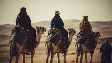 Wise men in colorful robes riding camels across desert dunes