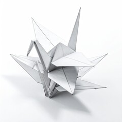 An intricate arrangement of folded paper birds against a white backdrop
