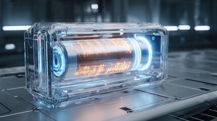 a transparent 3D model of a lithium ion cell, glowing ions moving inside, high tech energy research lab aesthetic, 8k, realistic