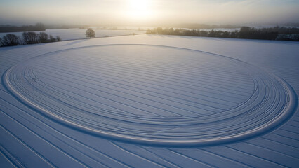 Sunset over snowy landscape with circular tracks