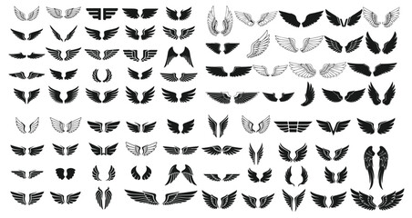 Black wings silhouette vector set with simple to intricate feather or scale details, versatile for art, heraldry and animal symbolism. Ideal for logo, badge and emblem design eps © MaxceptArt