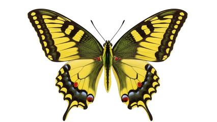 Eastern tiger swallowtail butterfly PNG isolated on transparent background, yellow and black wings with red and blue spots, insect for design © Hughes