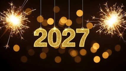 Golden new year 2027 celebration with sparkling lights and festive bokeh effect