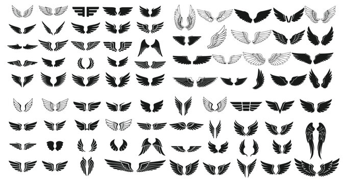 Black wings silhouette vector set with simple to intricate feather or scale details, versatile for art, heraldry and animal symbolism. Ideal for logo, badge and emblem design eps