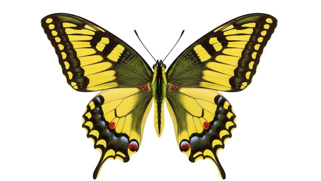 Eastern tiger swallowtail butterfly PNG isolated on transparent background, yellow and black wings with red and blue spots, insect for design