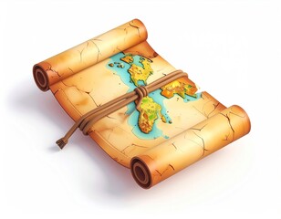 Rolled parchment reveals a detailed illustrated map, tied with twine