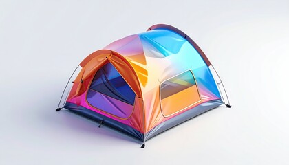 A colorful tent glows against a white backdrop, inviting adventure