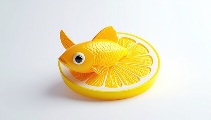 A vibrant yellow fish perches atop a stylized lemon slice, clean background