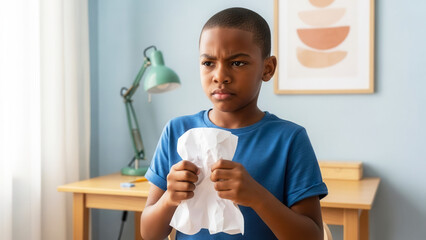 Boy crumpling drawing paper, frustrated child in kids' room, creativity challenges and determination