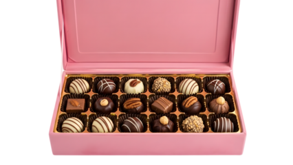 Open pink box of assorted chocolates