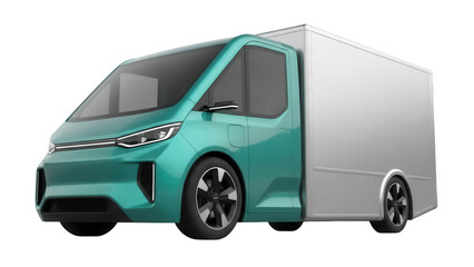 Modern electric delivery van PNG isolated on transparent background, green futuristic vehicle for e-commerce and sustainable transportation