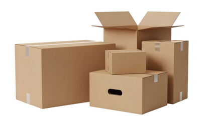 Fototapeta premium Assorted cardboard boxes in various sizes with one open box on of others isolated on a transparent background