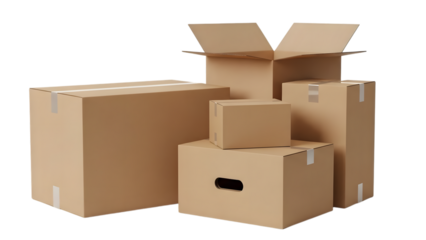 Assorted cardboard boxes in various sizes with one open box on of others isolated on a transparent background