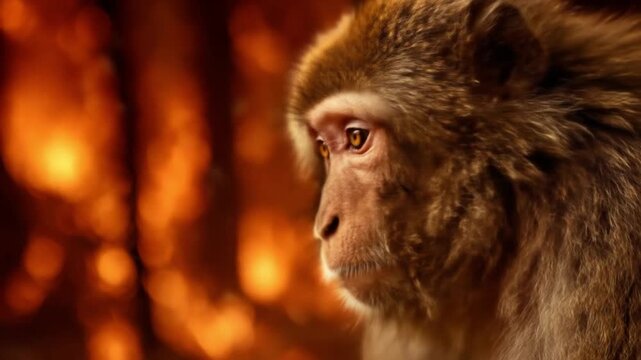 Close-up macaque amid blazing forest flames, wary eyes, orange glow outlining shaggy fur, embers!!!