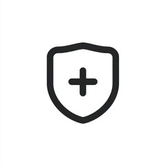 Fototapeta premium Shield plus icon black and white minimal style symbolizing protection safety security healthcare and medical support suitable for web app or insurance design