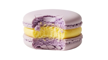 Bitten lavender macaron PNG isolated on transparent background, delicious French dessert with yellow cream filling for patisserie concepts