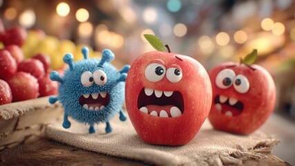 Colorful animated characters share emotions and engage in playful interaction about bright red apples in a lively market setting filled with fruits.