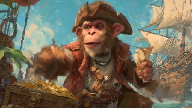 A plucky pirate monkey on a sunlit ship, chest of gold gleaming amid billowing sails, fearless, bold
