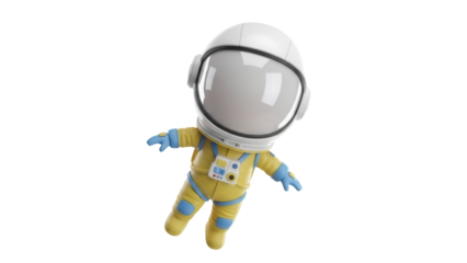 Cute astronaut cartoon character PNG isolated on transparent background, spaceman in yellow suit floating in zero gravity for kids design