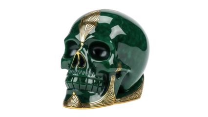 Emerald green skull with gold accents isolated PNG, decorative skull on transparent background for gothic and Halloween designs