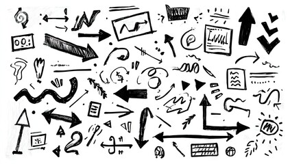 Hand-drawn collection of various arrows, symbols, and doodles