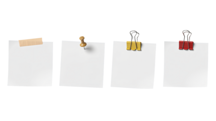 Blank white notes with various office supplies on white background