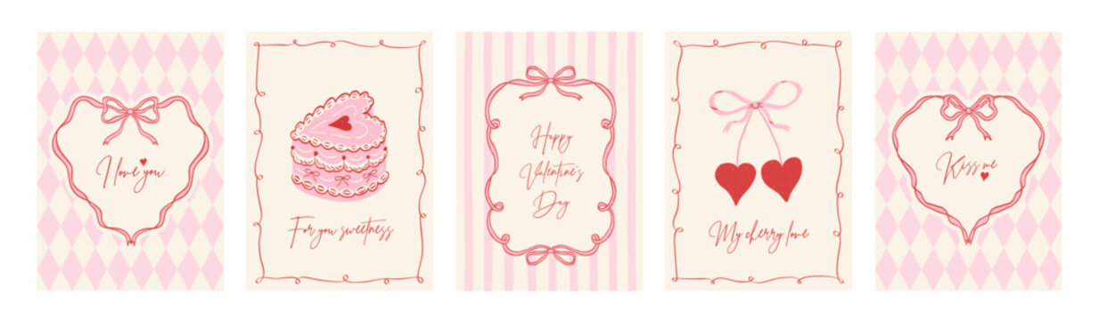 Set of girly coquette greeting cards for Valentine's Day. Hand drawn frames in whimsical lines by shape hearts, with bows and ribbons, cake in shape heart, sweet cherry. Poster, wedding invitation.