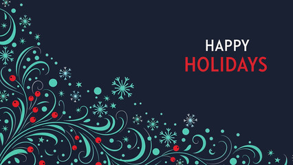 Elegant holiday greeting card with intricate teal and red floral swirls and a Happy Holidays message on a dark navy background