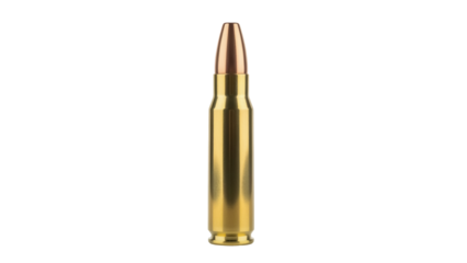 Gold rifle bullet isolated PNG, ammunition for hunting and target practice on transparent background, cartridge for firearm and shooting sport