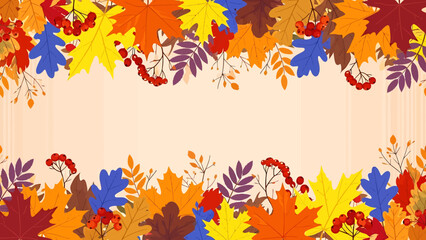 Obraz premium Autumn leaves border frame with vibrant fall colors around a soft beige background