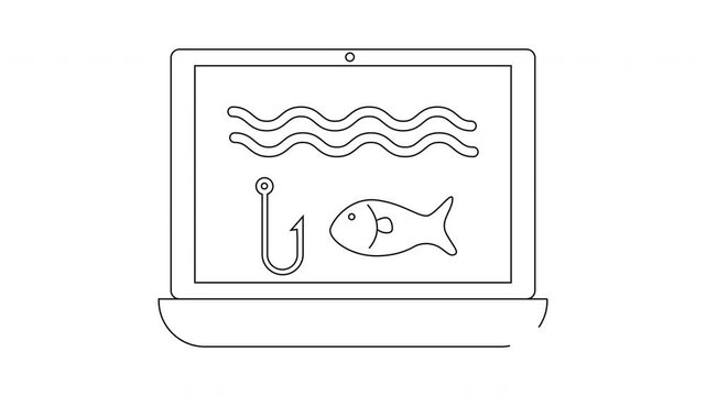 Line drawing of laptop with fish hook  wavy lines on screen
