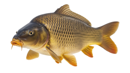 Common carp PNG isolated on transparent background, freshwater fish with golden scales for aquaculture and fishing themes