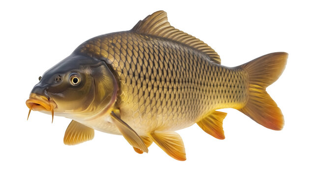 Common carp PNG isolated on transparent background, freshwater fish with golden scales for aquaculture and fishing themes