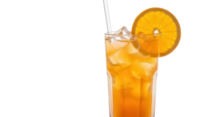 Refreshing orange cocktail with ice cubes and straw isolated PNG, summer drink on transparent background for beverage and party designs