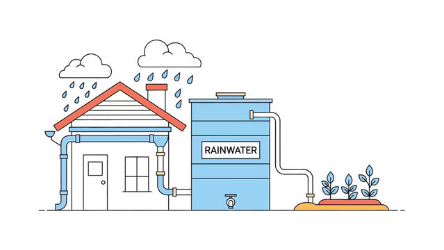 Illustration of Rainwater Harvesting System with House and Storage Tank
