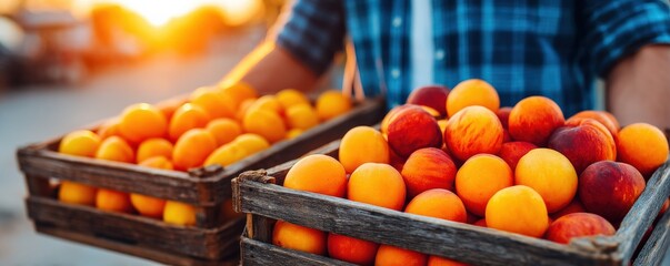Naklejka premium Harvesting fresh peaches at sunset farmers market fruit display outdoor close-up seasonal produce enthusiasm