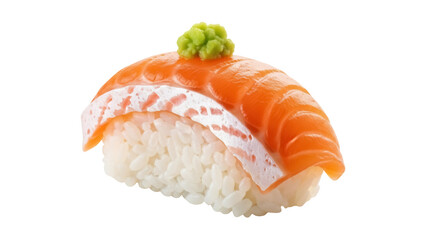 Salmon nigiri isolated PNG on transparent background, Japanese cuisine with rice and fish topped with wasabi for sushi restaurants