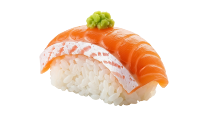 Salmon nigiri isolated PNG on transparent background, Japanese cuisine with rice and fish topped with wasabi for sushi restaurants
