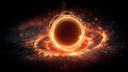 Circle of glittering particles forming an abstract black hole, creating a dynamic, luminous, and mysterious visual effect ideal for digital art, cosmic designs, and futuristic concepts.