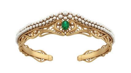 Elegant gold tiara with pearls and emerald isolated PNG, vintage style headpiece for wedding or fantasy costume on transparent background © Hughes