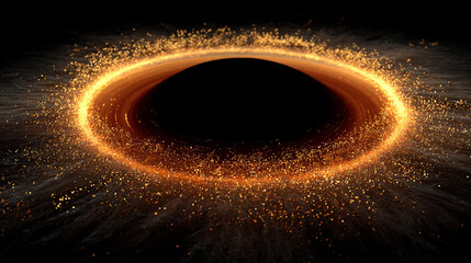 Circle of glittering particles forming an abstract black hole, creating a dynamic, luminous, and mysterious visual effect ideal for digital art, cosmic designs, and futuristic concepts.